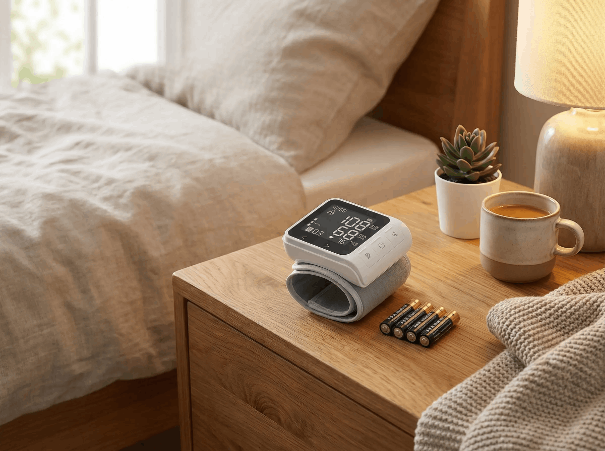 Power and Reliability for Home Health Gadgets like Blood Pressure Monitor placed on bed side table for everyday monitoring.