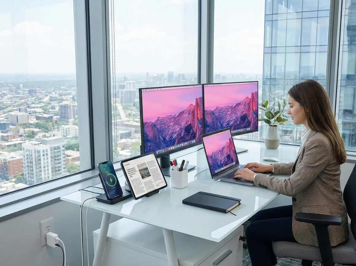 Person working in office on clutter free desk due to P100 100W Adapter for Multi-use and FlexOrb Premium Swivel 3-in-1 charger