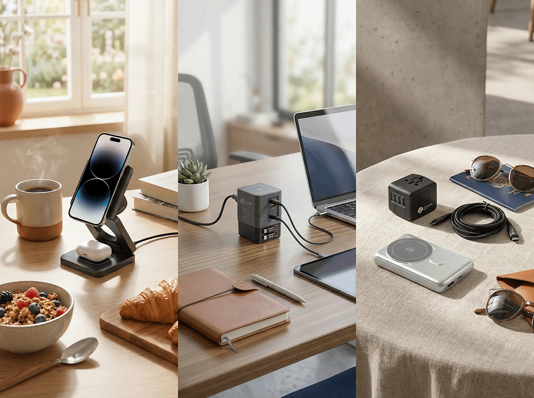 Charging setups for home desk, office,& travel showing how different use cases require different charging solutions