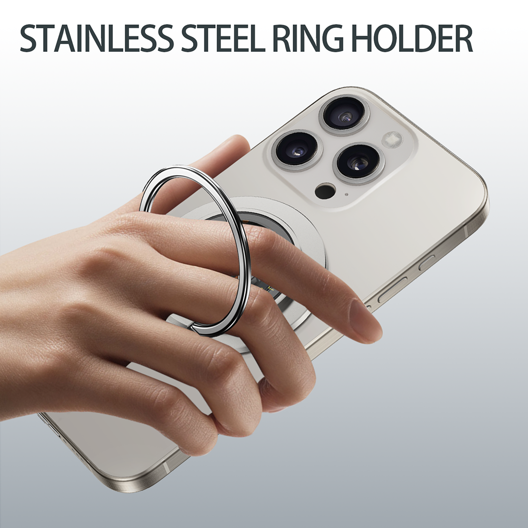 Smartphone held with a built-in stainless steel magnetic ring holder for secure grip and comfortable one-hand use