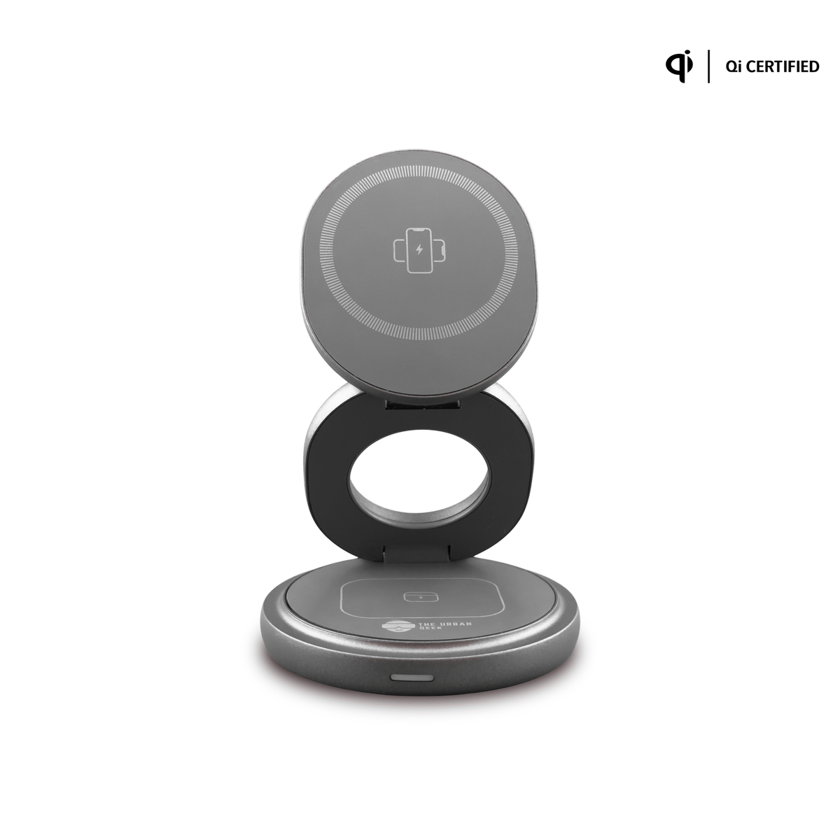 The Urban Geek Swivel 3 - in - 1 Wireless Folding Charger Front View Gray
