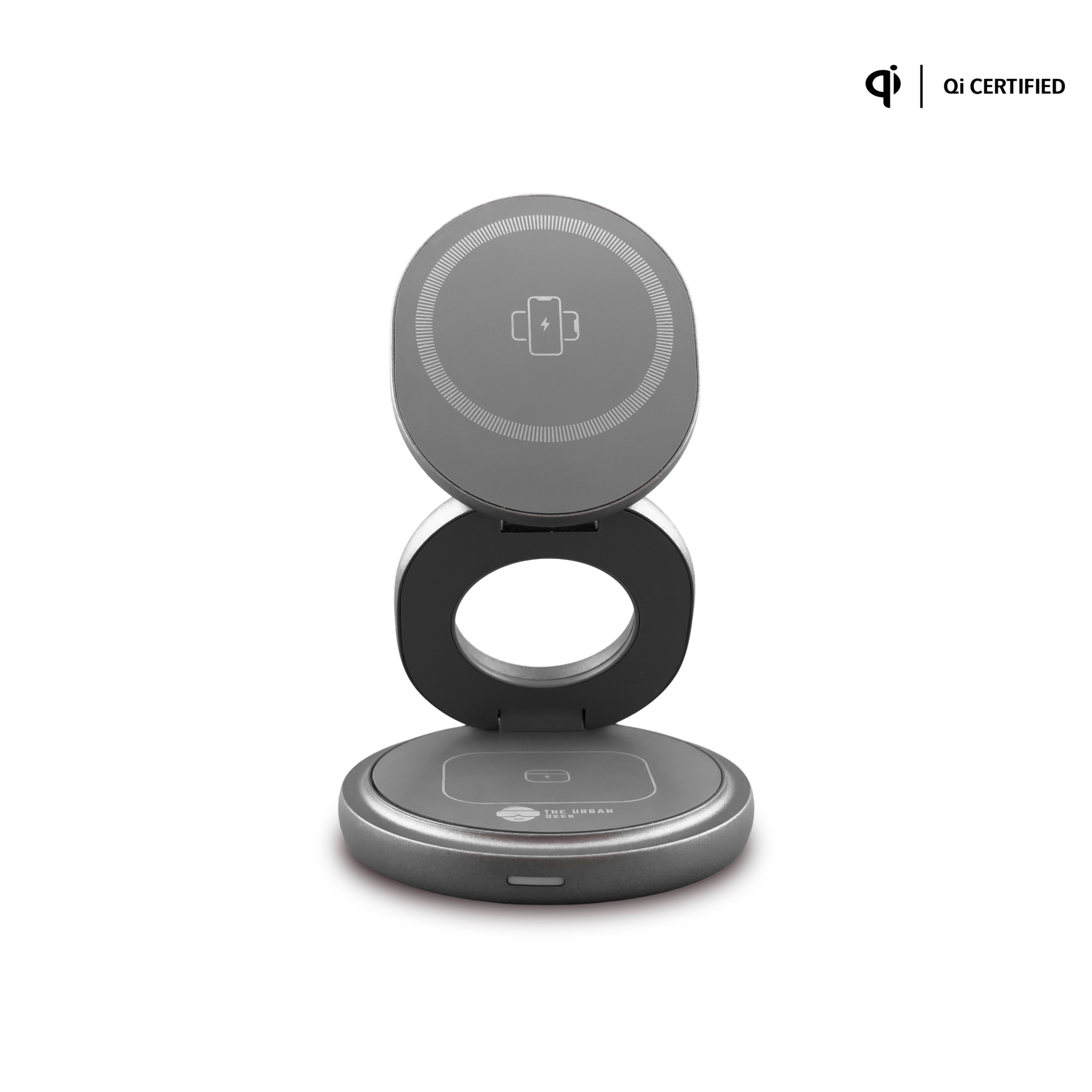 The Urban Geek Swivel 3 - in - 1 Wireless Folding Charger Front View Gray