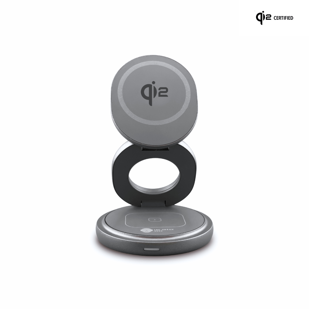 The Urban Geek Swivel 3 - in - 1 Wireless Folding Charger Front View Gray