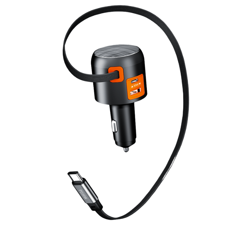 60W Fast Car Charger with Retractable Cable (USB - C + USB - A) - TheUrbanGeek