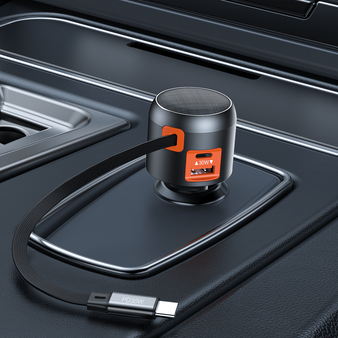 60W Fast Car Charger with Retractable Cable (USB - C + USB - A) - TheUrbanGeek