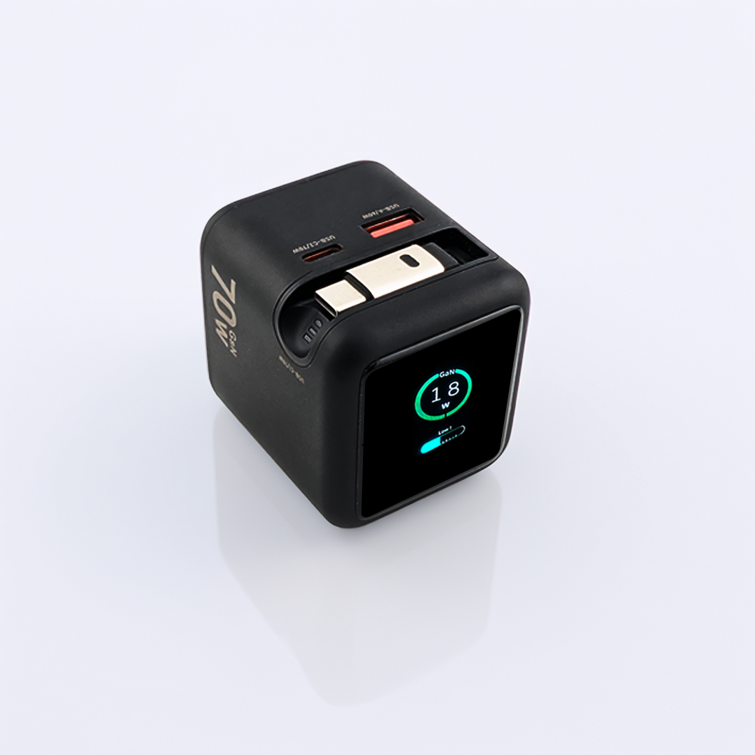 70W Black Adapter with USBC and USB A ports and retractable USB C Cable