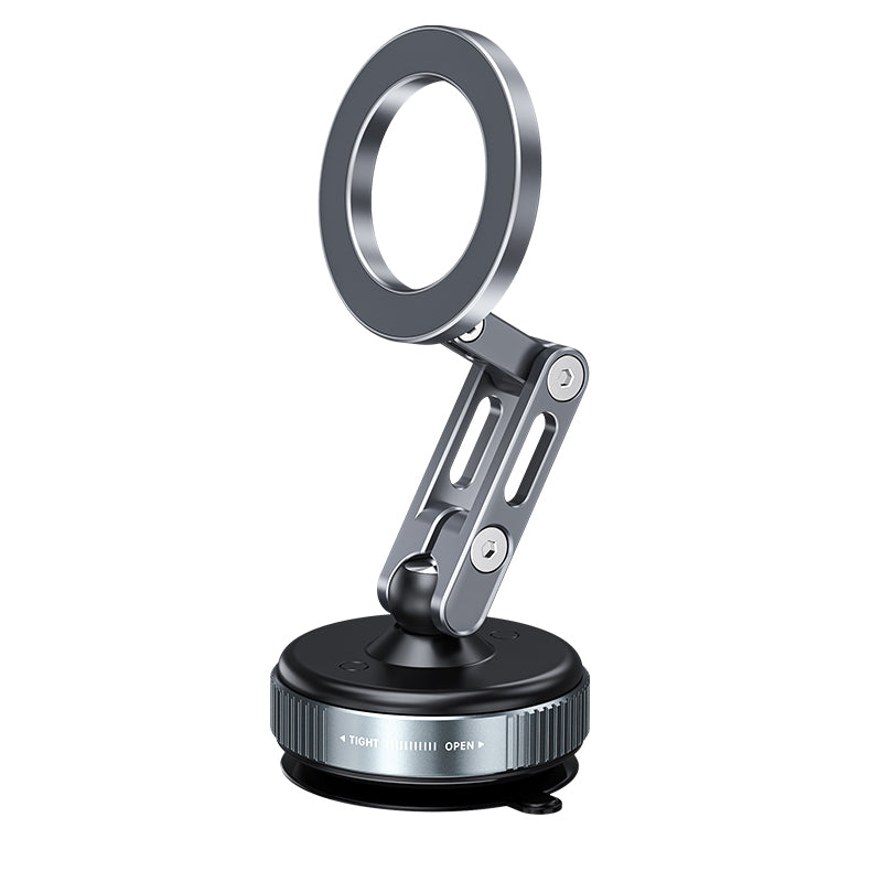 Metallic magnifying glass with adjustable arm on a white background