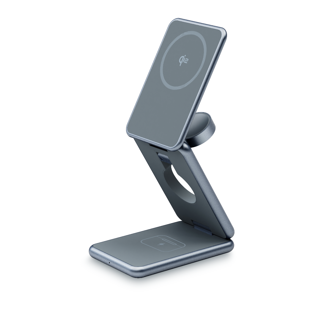 Gray wireless charging stand on a white background