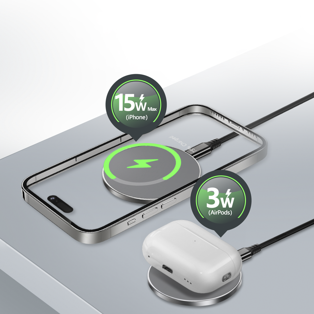 Wireless charging pad with smartphone and AirPods on a light gray background