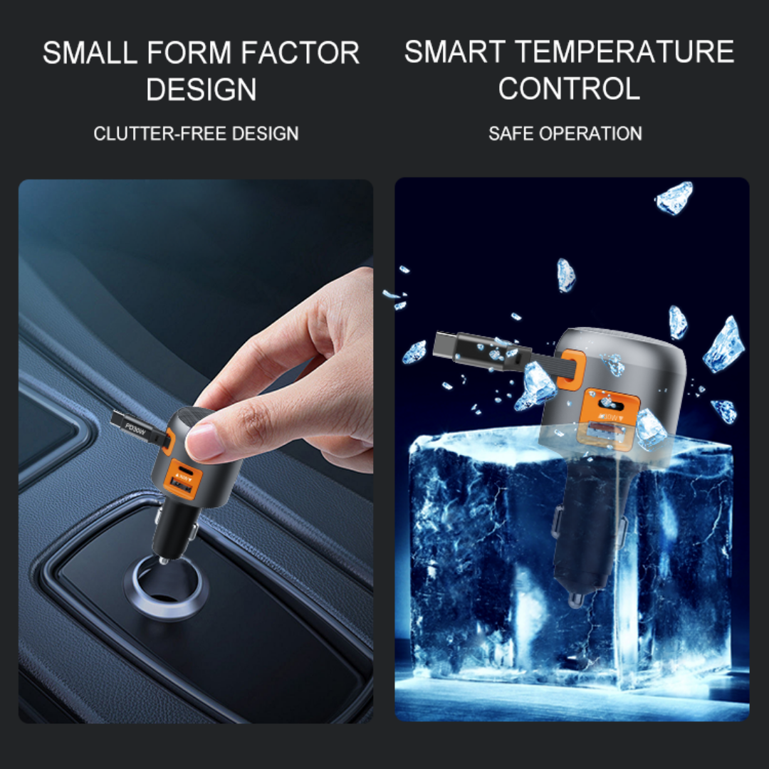 60W Fast Car Charger with Retractable Cable (USB-C + USB-A)