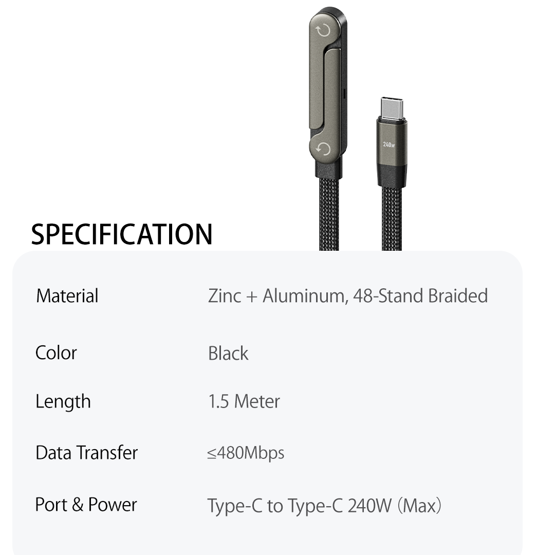 Black braided cable with connectors on a white background, featuring specifications for 240W USB-C fast charging cable