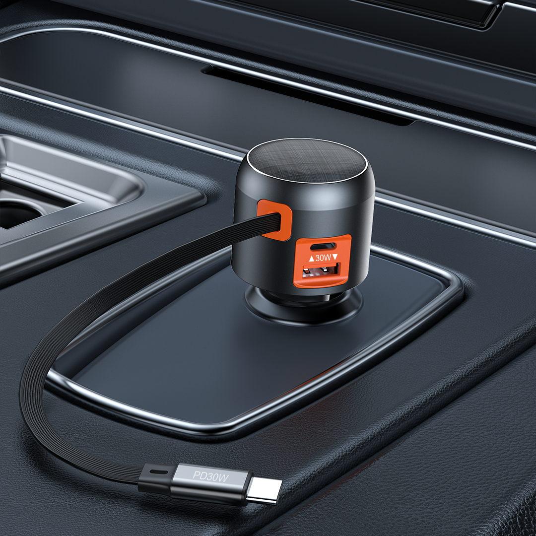 60W Fast Car Charger with Retractable Cable (USB-C + USB-A)