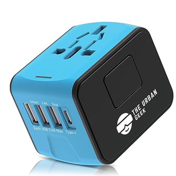 TheUrbanGeek Universal Power Adapter (Blue) - International Travel Plug Adapter - Worldwide Charger AC Adapter Plug for 200+ Countries - US/EU/AU/UK Plug - All-in-One Adapter with 5A Smart Power