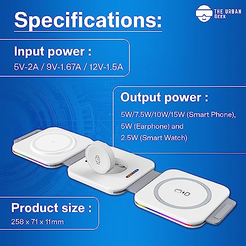 The UrbanGeek Magnetic Wireless Charging Pad (White) - Foldable Qi Wireless Charger - Compatible with iPhone, iWatch, Airpods - 15W Fast Mag-Safe Charging Station - Wireless Travel Charger