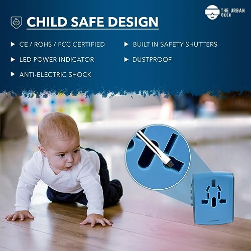The Urban Geek International Travel Adapter - CE/ROHS/ FCC Certified, Built In Safety Features, LED Power Indicator, Dust Prodd, Anti- Electric Shock, Child Safe Design