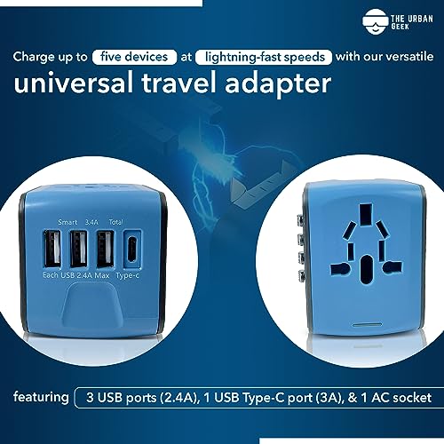The Urban Geek International Travel Adapter showing 3 USB-A ports and 1 USB-C port and 1 AC socket
