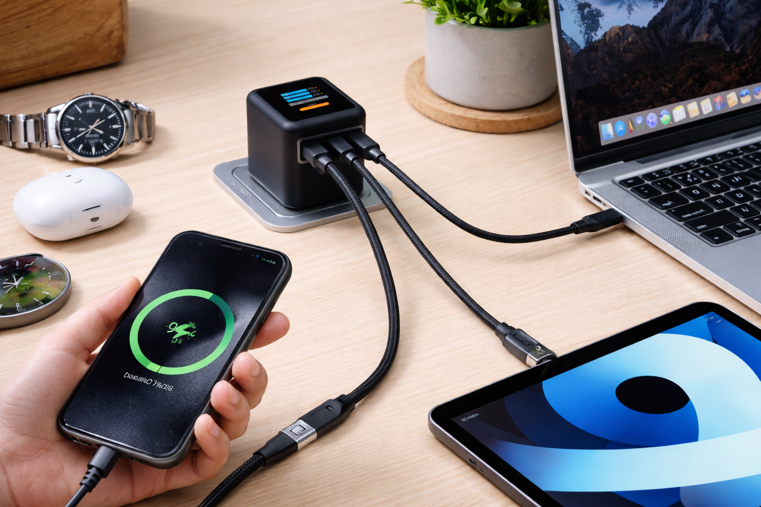 USB-C power adapter using power delivery to charge multiple devices safely