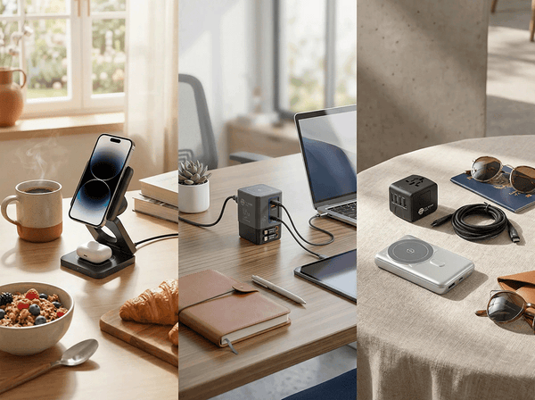 Charging setups for home desk, office,& travel showing how different use cases require different charging solutions