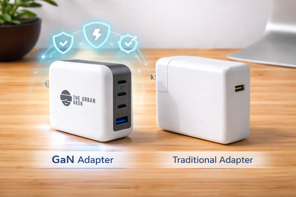 An image showing Side by side comparison of GaN Adapters vs Traditional Adapters