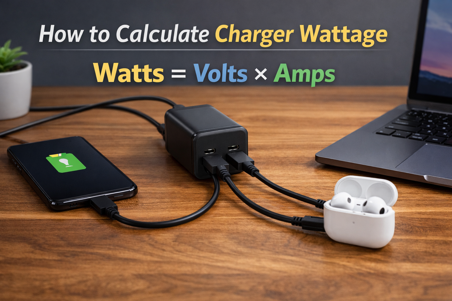 USB-C charger powering a laptop, smartphone, and wireless earbuds with the wattage formula volts multiplied by amps shown visually