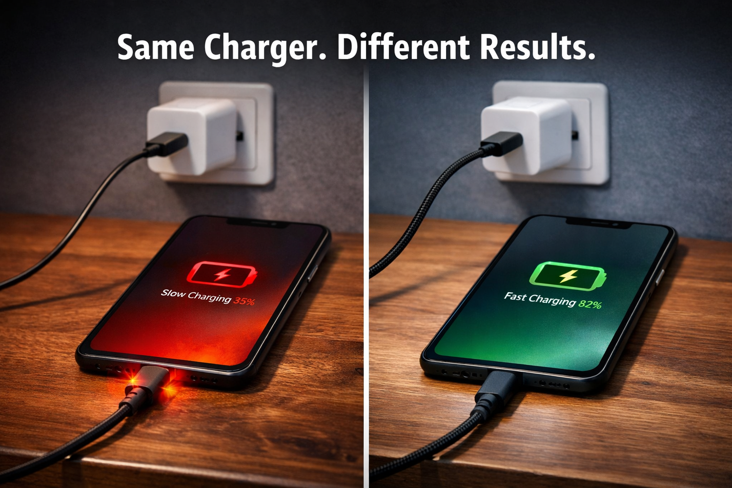 Same charger used with different USB-C cables, demonstrating how cable quality affects charging speed, heat, and safety.