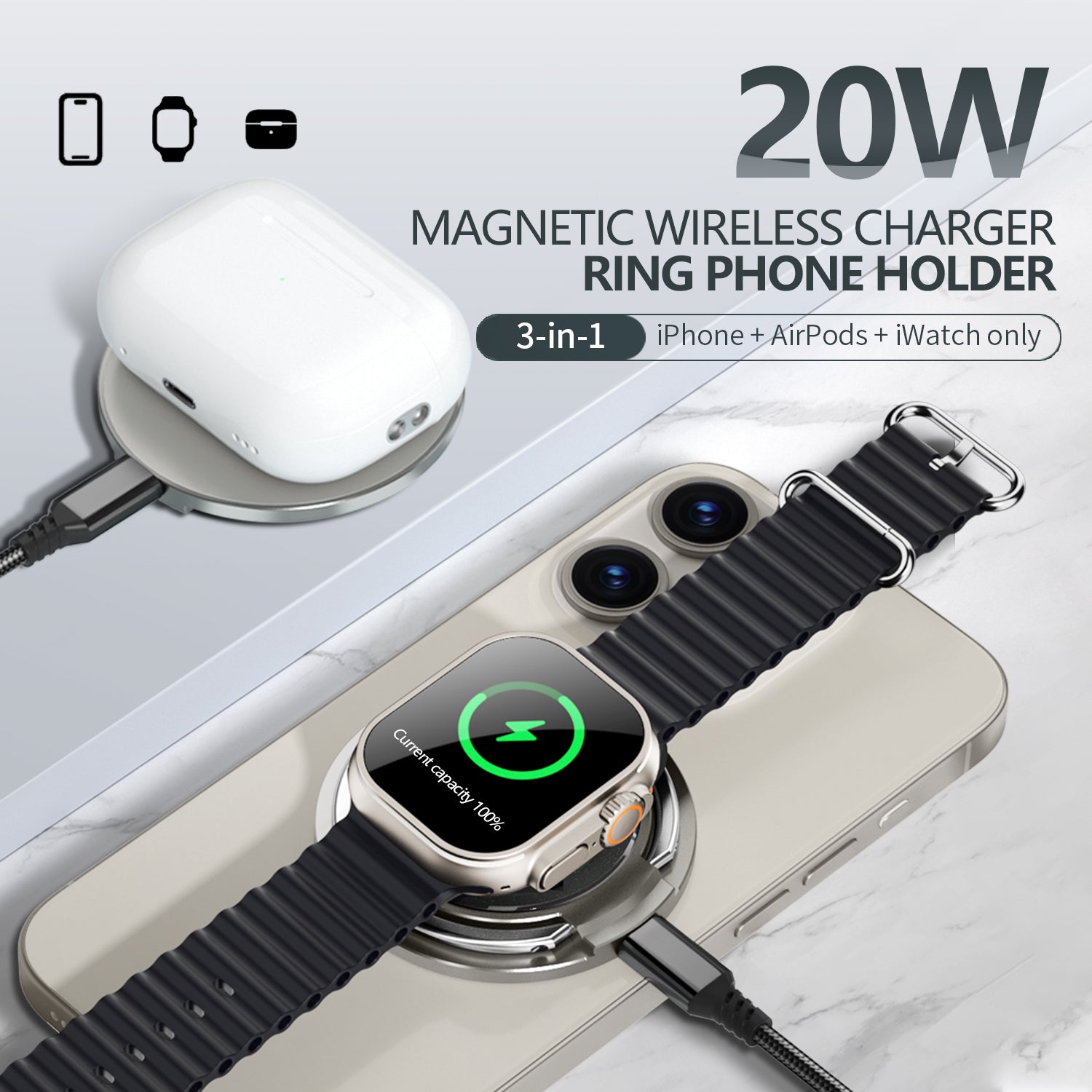 3-in-1 magnetic wireless charger charging a smartphone, smartwatch, and wireless earbuds at the same time on a desk