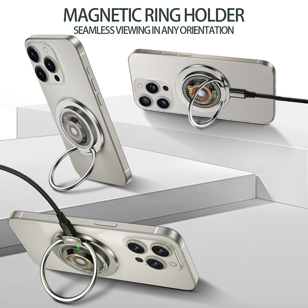 Magnetic wireless charger with rotating ring stand supporting portrait and landscape viewing while charging