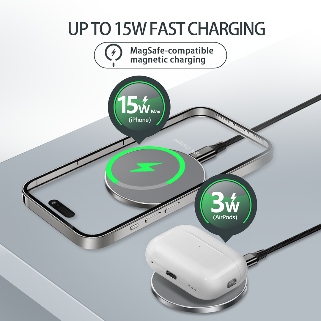 Magnetic Qi wireless charger delivering fast charging to a smartphone and wireless earbuds with secure magnetic alignment