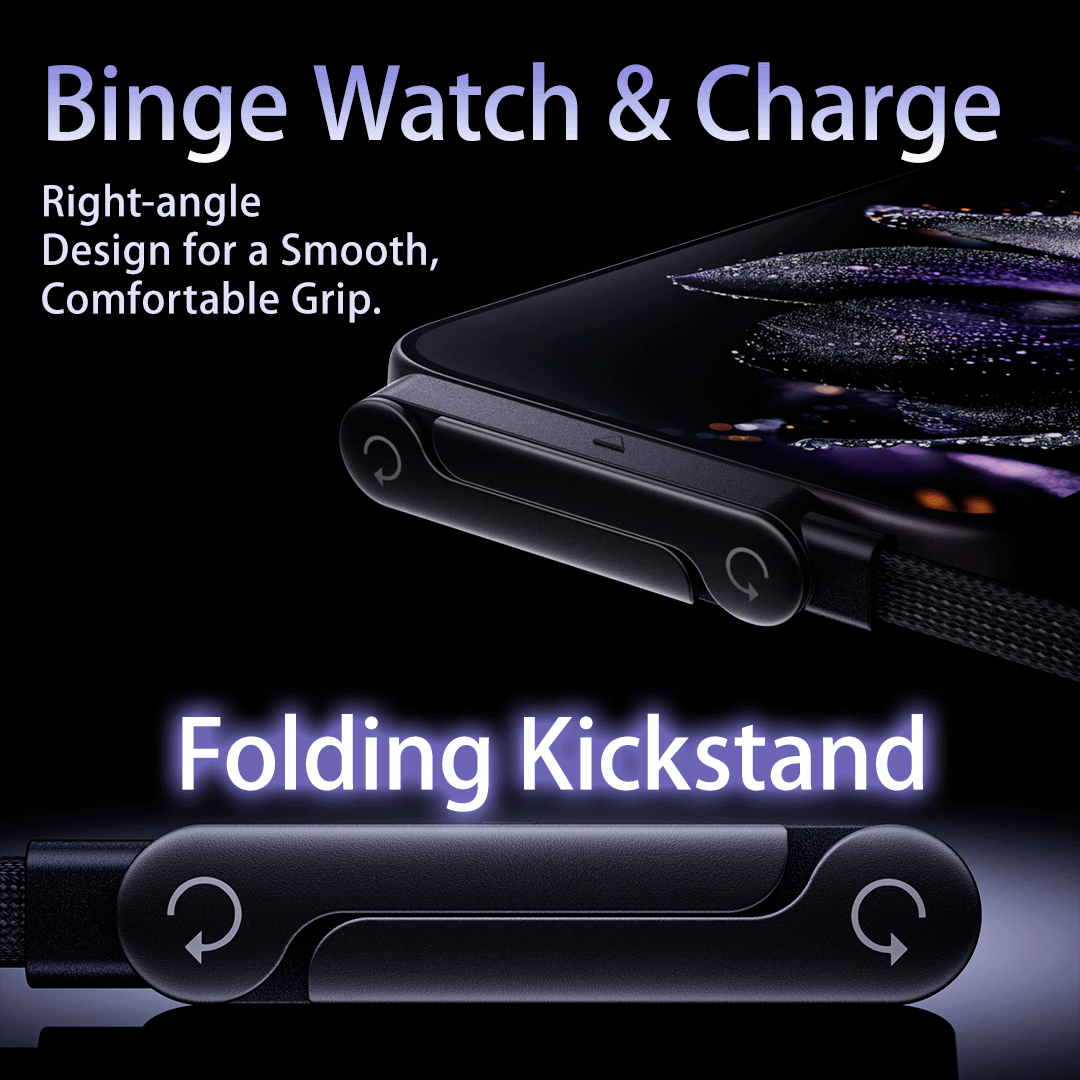 240W USB-C fast charging cable attached to phone with kickstand