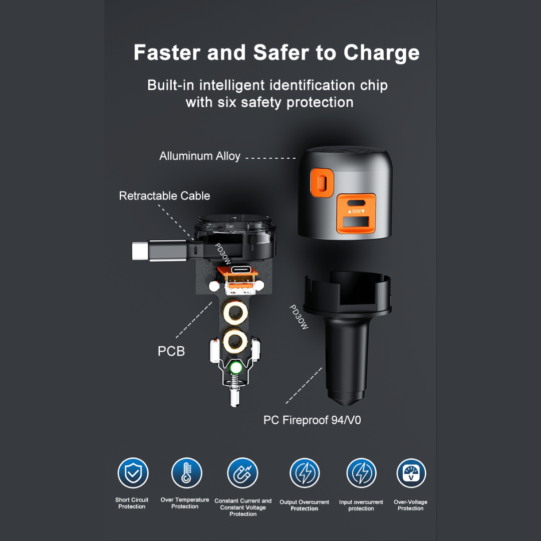 60W Fast Car Charger with Retractable Cable (USB - C + USB - A) - TheUrbanGeek