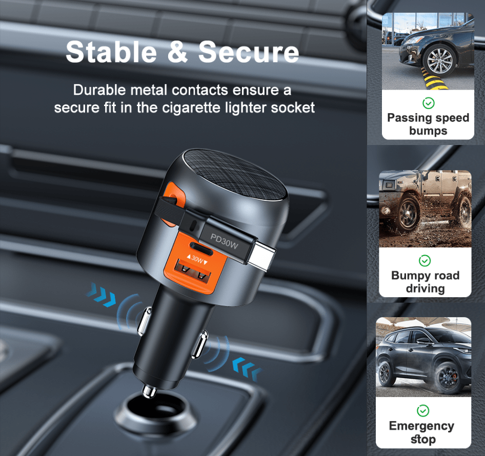 60W Fast Car Charger with Retractable Cable (USB - C + USB - A) - TheUrbanGeek