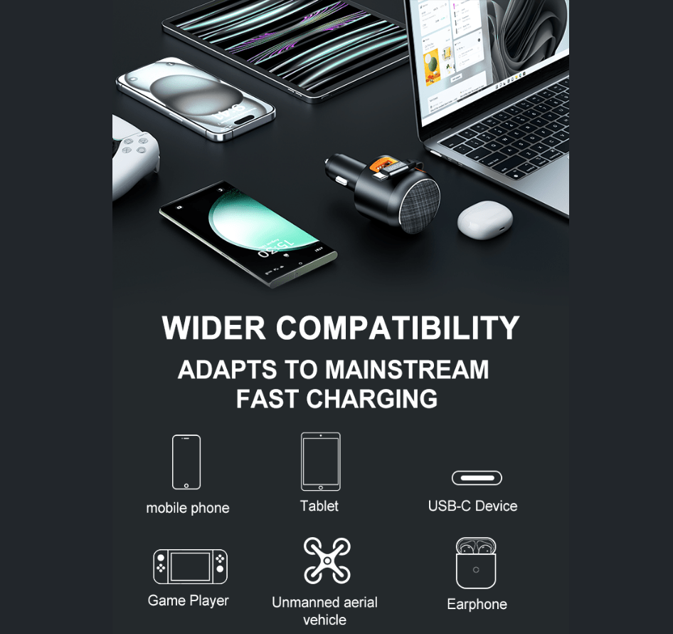 60W Fast Car Charger with Retractable Cable (USB - C + USB - A) - TheUrbanGeek