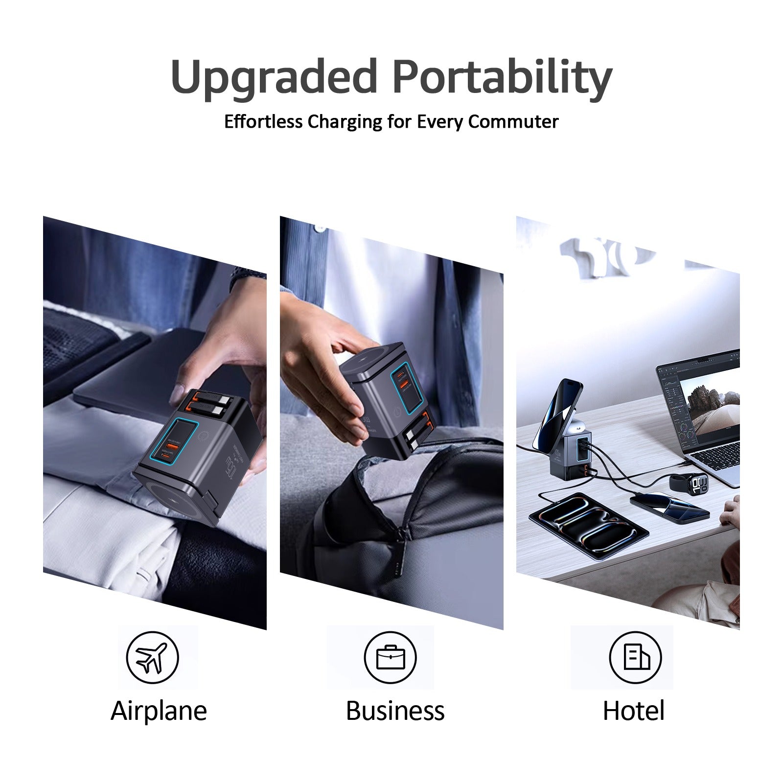 6-in-1 Charging Station being used in airplane, business, and hotel settings with text 'Upgraded Portability' and 'Effortless Charging for Every Commuter'.