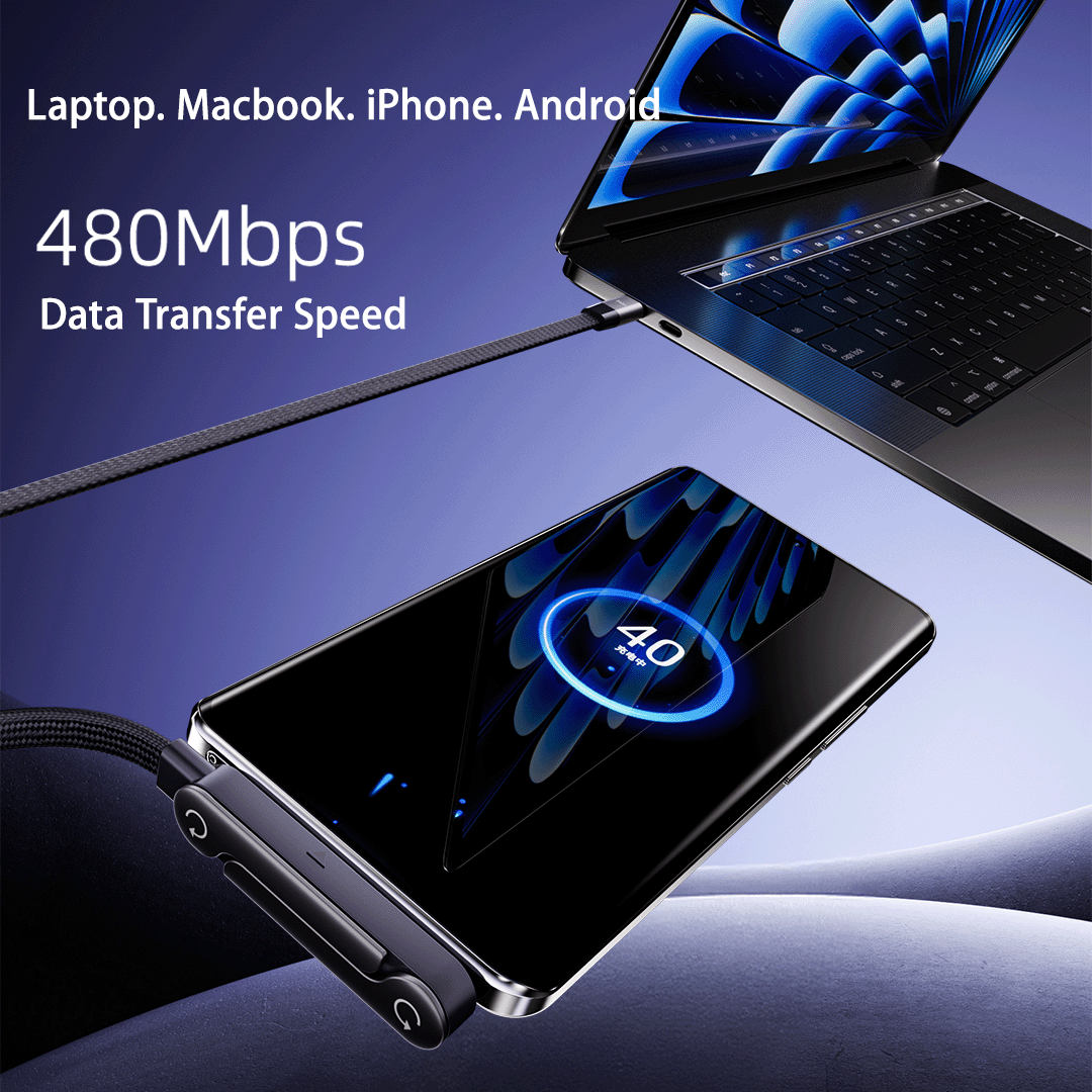 Laptop, MacBook, & smartphone connected by a 240W USB-C fast charging cable with 480Mbps data transfer speed text.