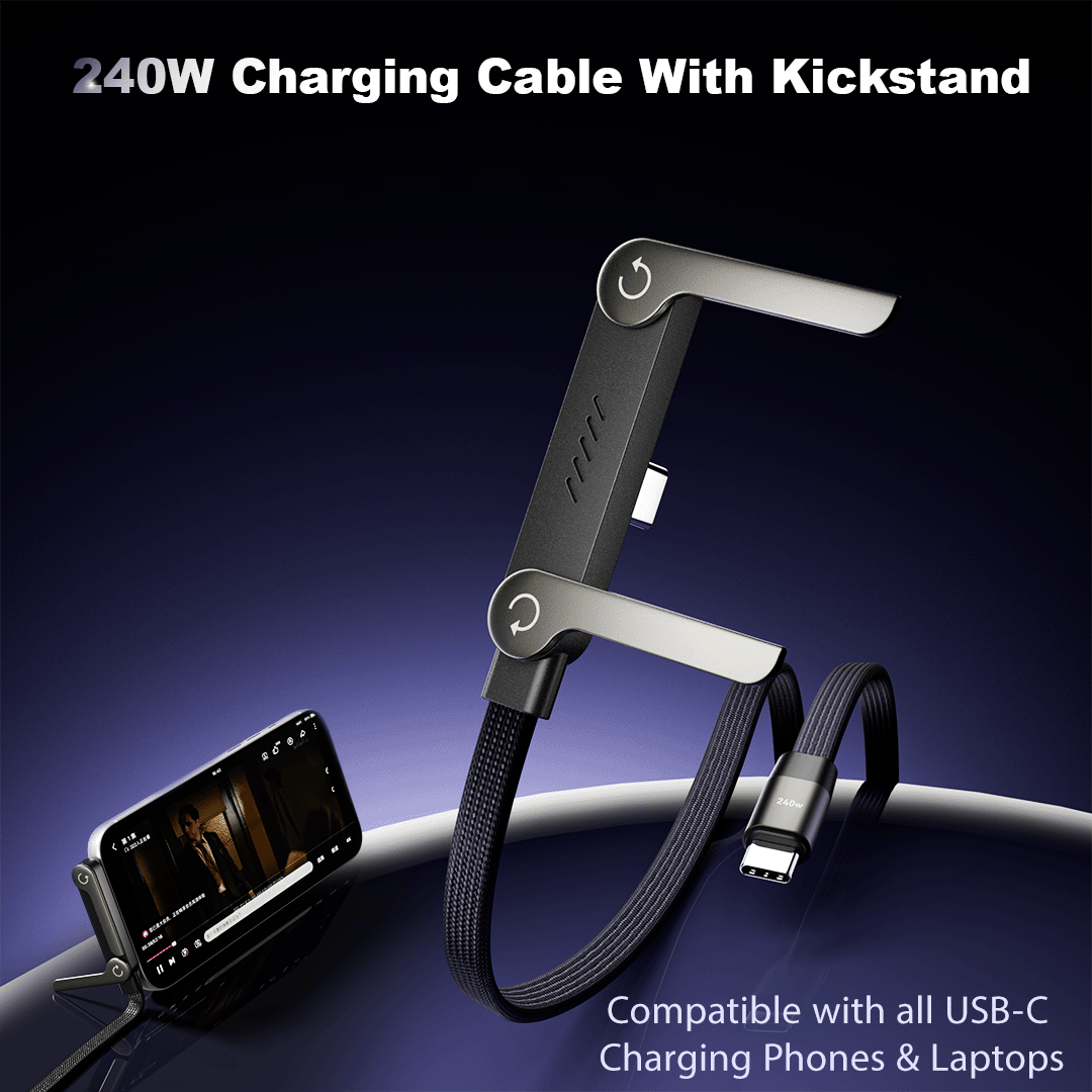240W USB-C fast charging cable with kickstand on a dark background