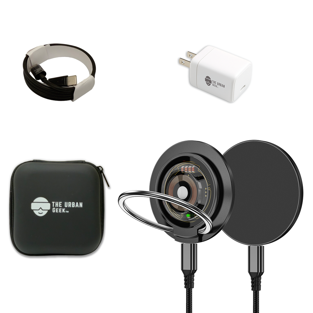 3-in-1 magnetic wireless charger charging a smartphone, smartwatch, and wireless earbuds at the same time on a desk