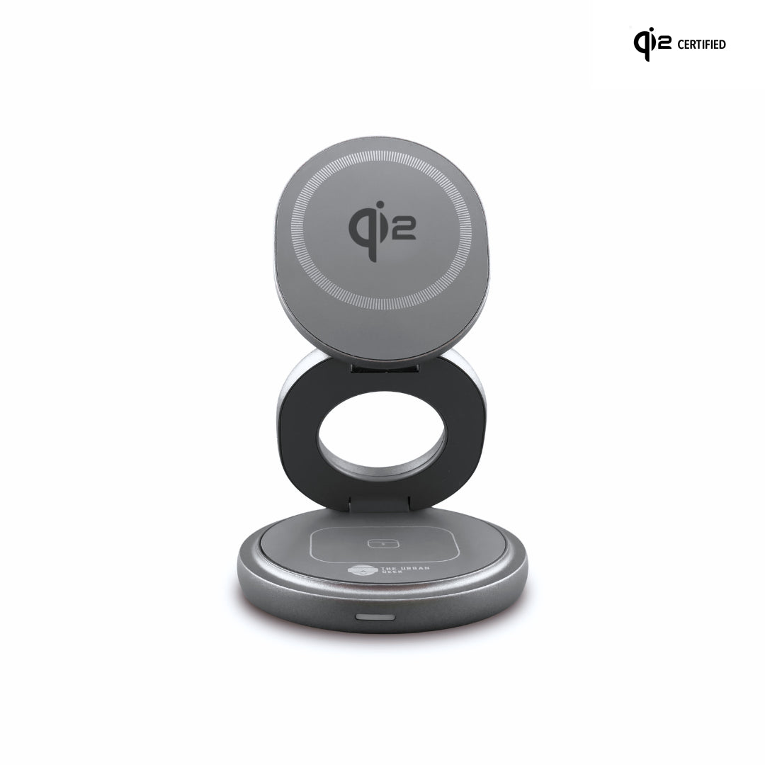 Wireless charging stand with Qi certification logo on a white background