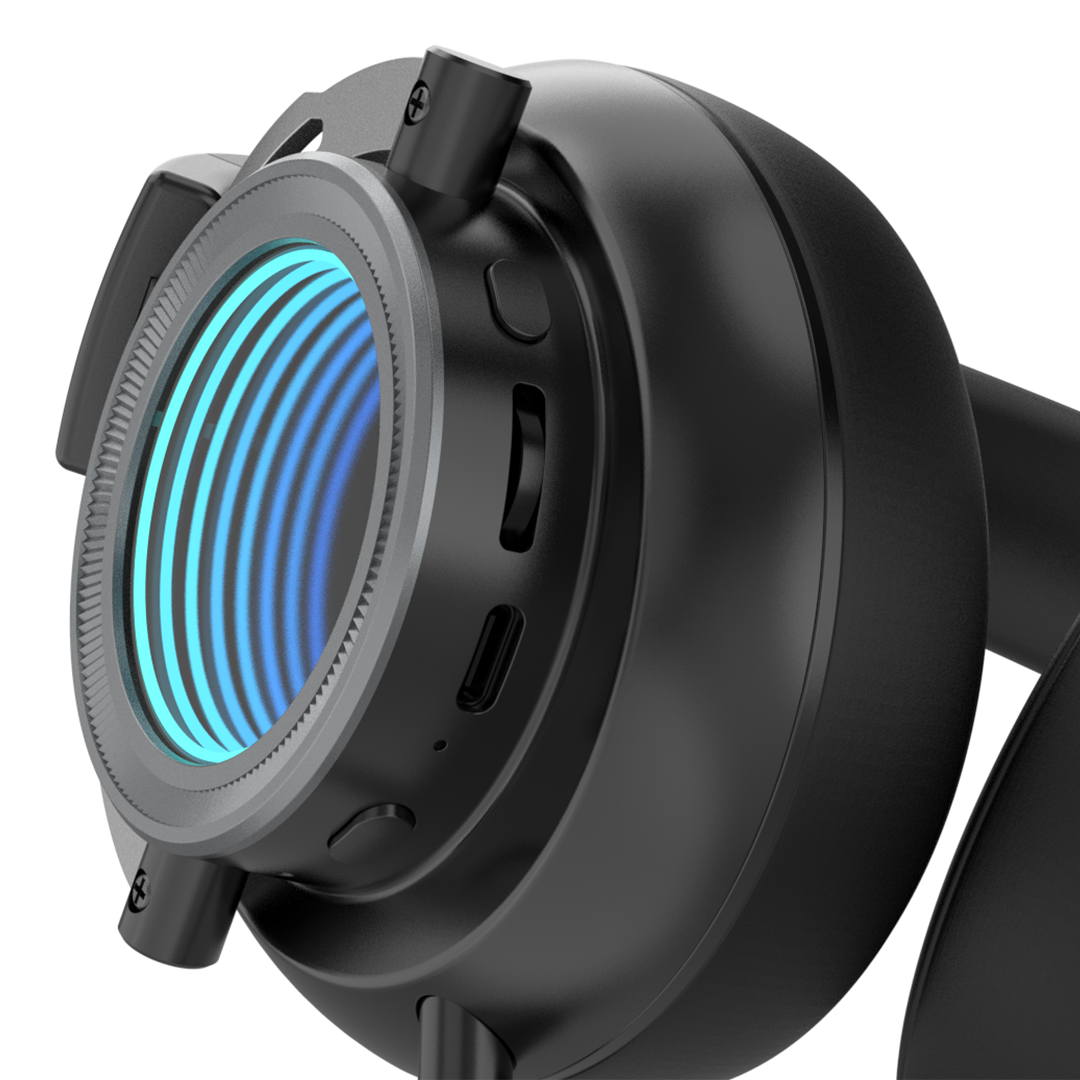 Close-up of a black gaming headset with a blue light on a white background