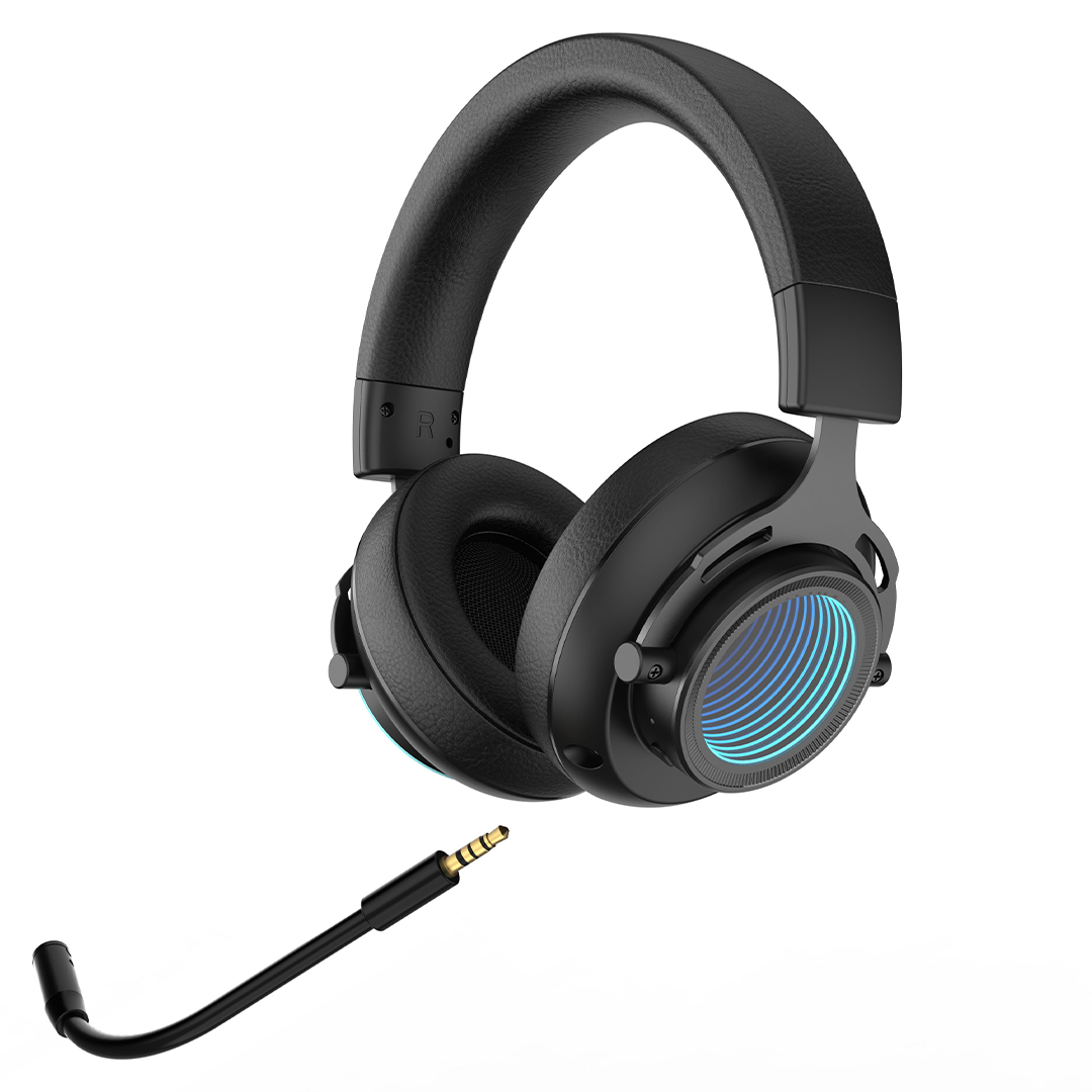 Black gaming headset with blue light on a white background