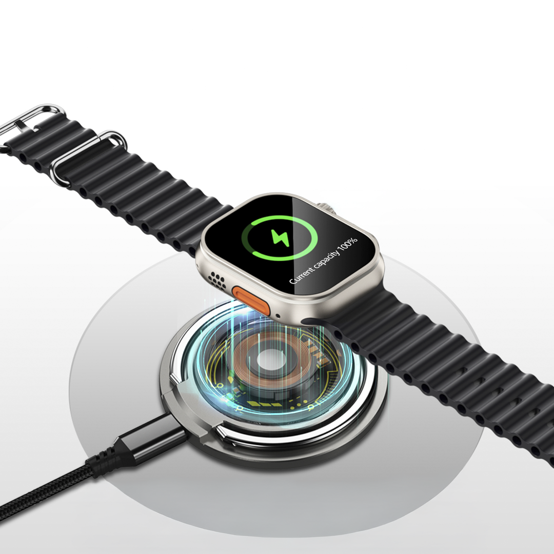 Smartwatch with a charging dock on a white background