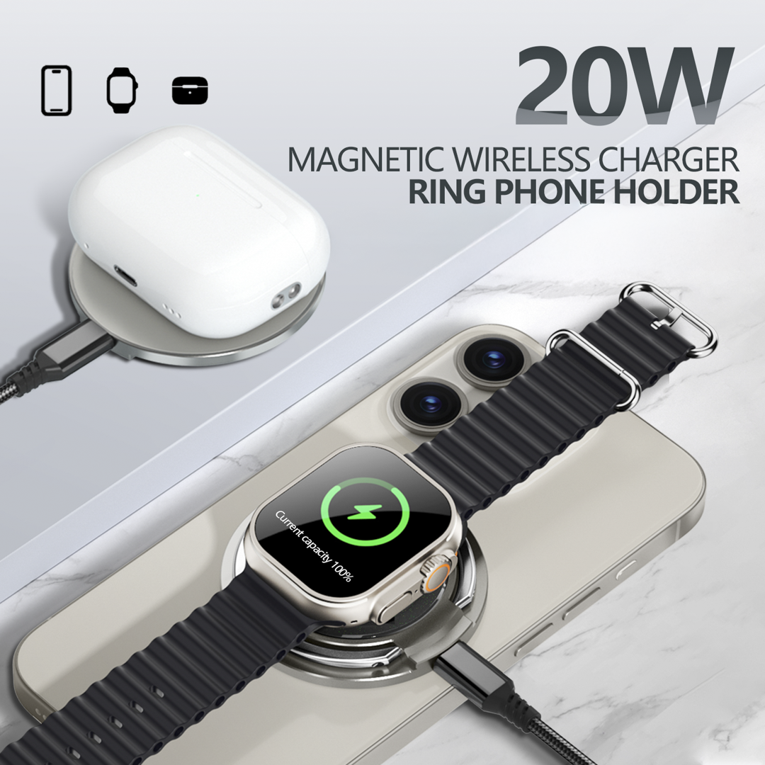 Magnetic wireless charger and phone holder with smartphone, smartwatch, and AirPods on a light gray background.