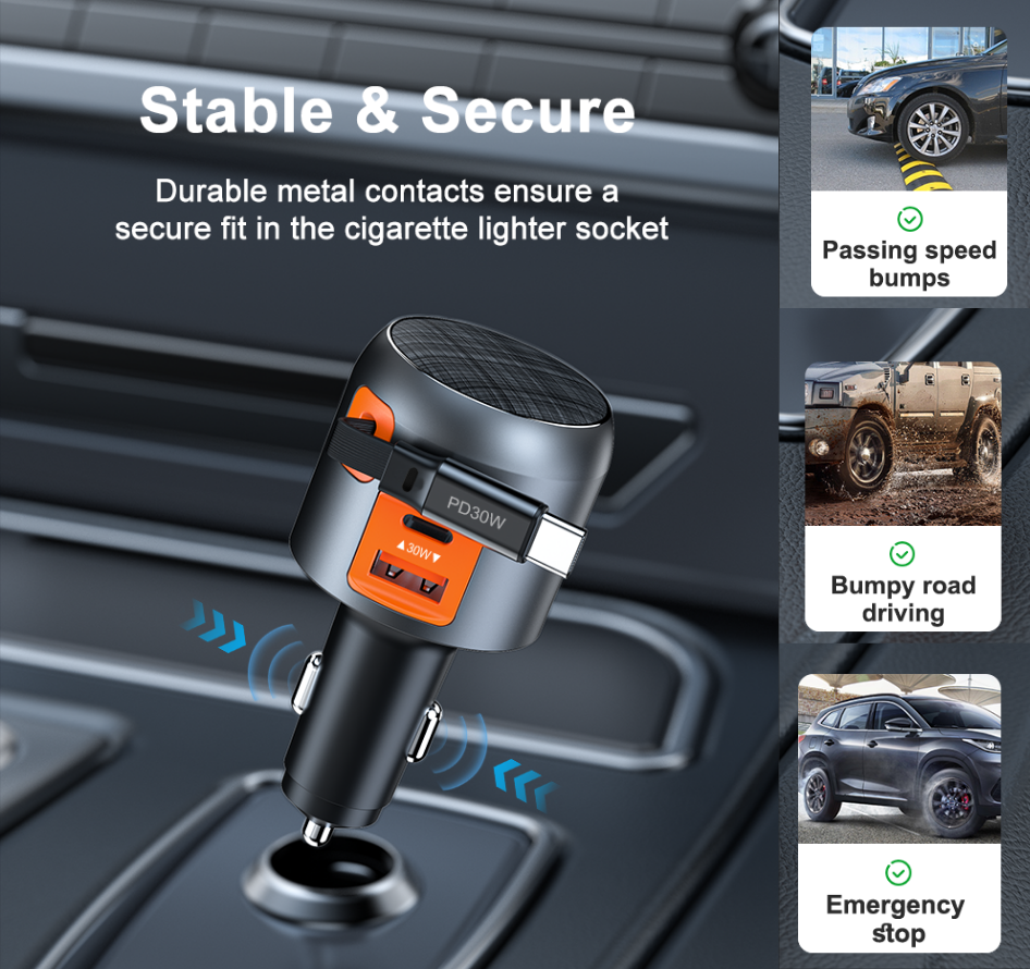 60W Fast Car Charger with Retractable Cable (USB-C + USB-A)