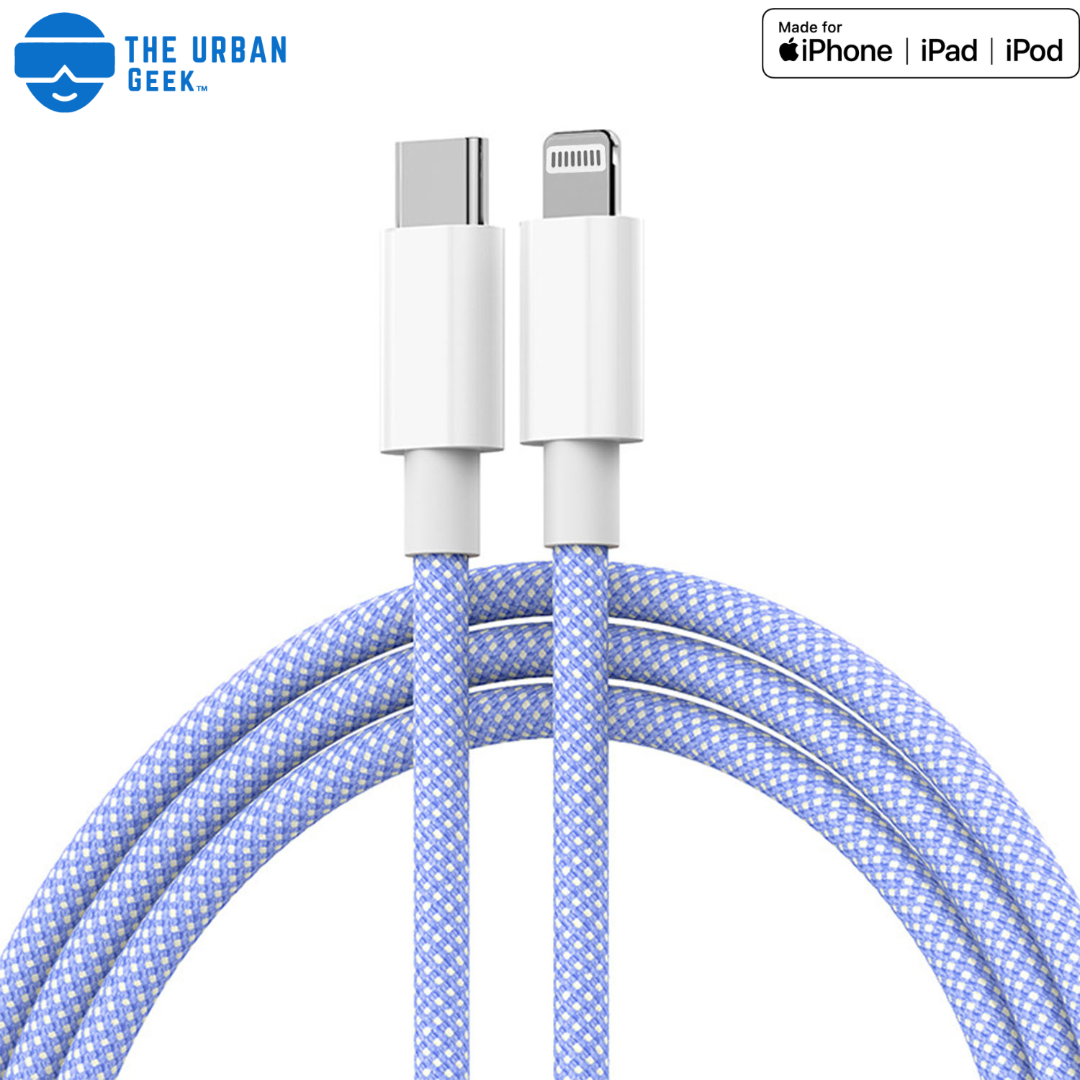 Blue braided cable with white connectors, branded 'The Urban Geek', for Apple devices on a white background.