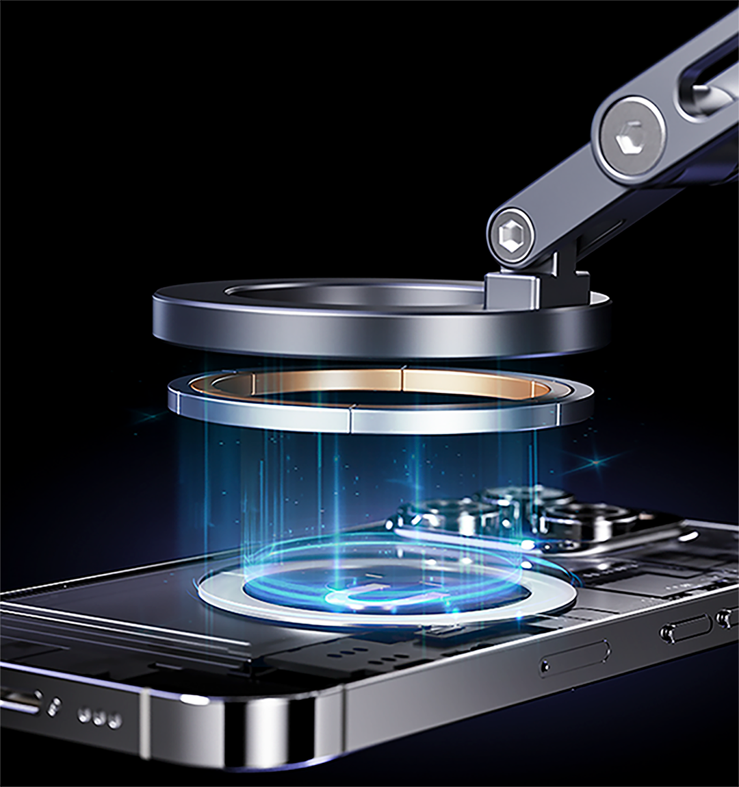 Metallic magnifying glass with adjustable arm on a white background