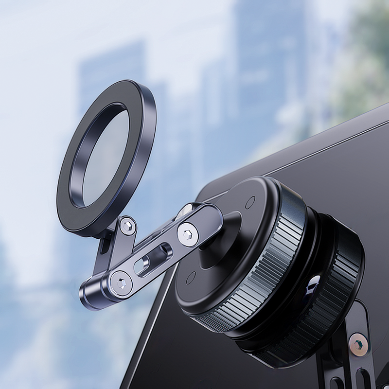 Metallic magnifying glass with adjustable arm on car screen