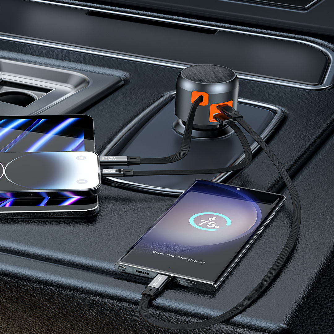 60W Fast Car Charger with Retractable Cable (USB-C + USB-A)