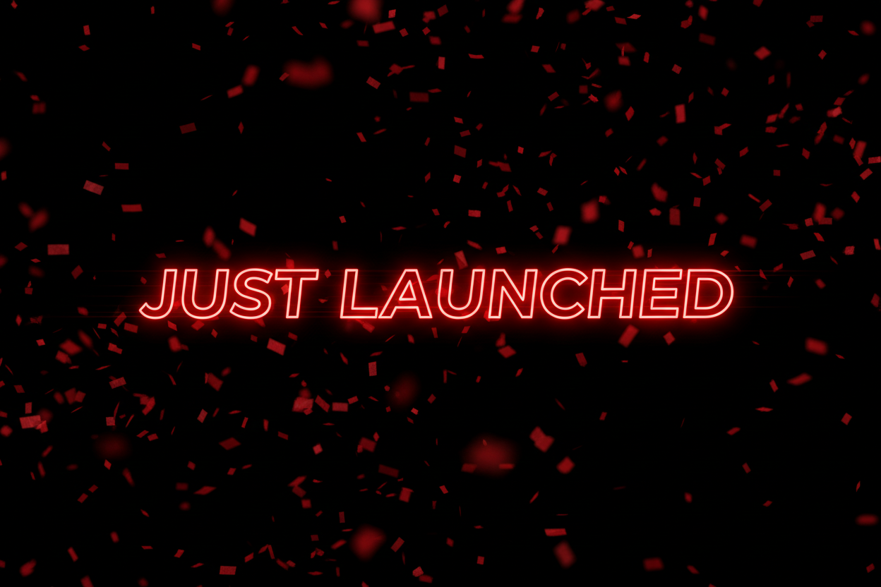 just launched in black background and red confetti